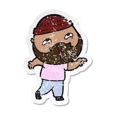 distressed sticker of a cartoon happy bearded man