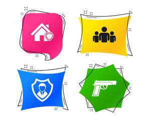 Security agency icons. Home shield protection symbols. Gun weapon sign. Group of people or Share. Geometric colorful tags. Banners with flat icons. Trendy design. Vector