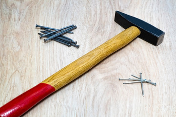 Range of tools for wood hammer, nails.