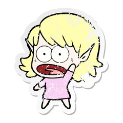distressed sticker of a cartoon shocked elf girl