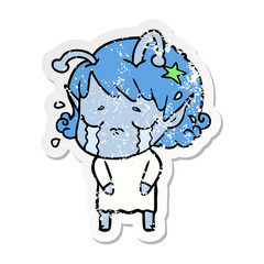 distressed sticker of a cartoon crying alien girl