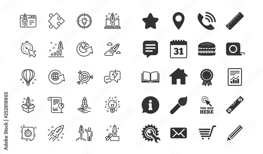 Poster startup line icons. set of launch project, business report and target linear icons. strategy, develo