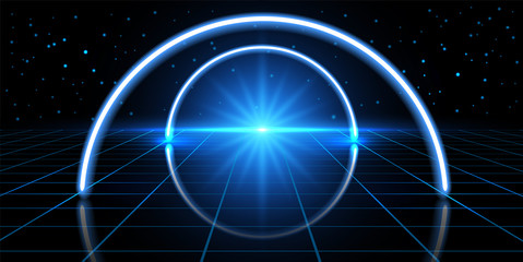 Cosmic background with fantastic hyperspace, neon arch and space portal into another dimension.Virtual reality fantastic landscape.