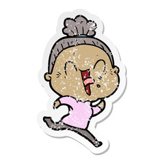 distressed sticker of a cartoon happy old woman