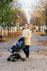 A woman with a child in a stroller walks through the park on a sunny day.