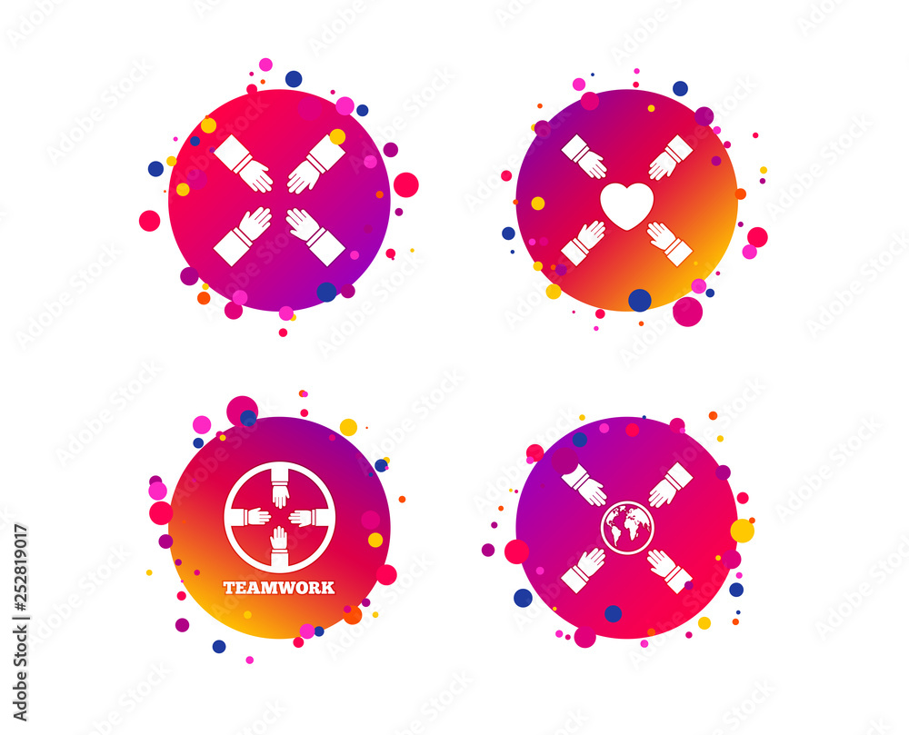 Poster teamwork icons. helping hands with globe and heart symbols. group of employees working together. gra