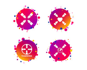 Teamwork icons. Helping Hands with globe and heart symbols. Group of employees working together. Gradient circle buttons with icons. Random dots design. Vector
