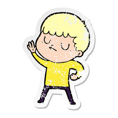 distressed sticker of a cartoon grumpy boy