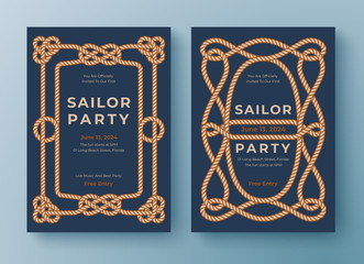 Two nautical templates. Rope frame border. Graphic design element for greeting card, poster, flyer, banner, invitation etc