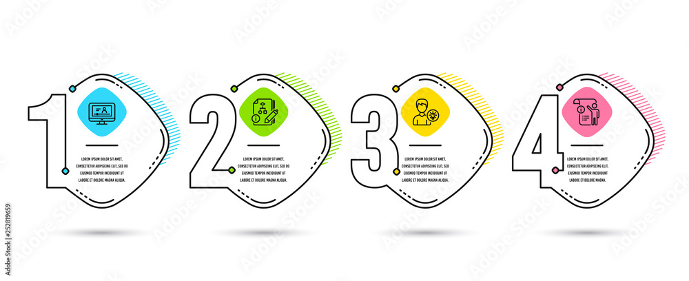 Aufkleber infographic template 4 options or steps. set of algorithm, online video and person idea icons. manua