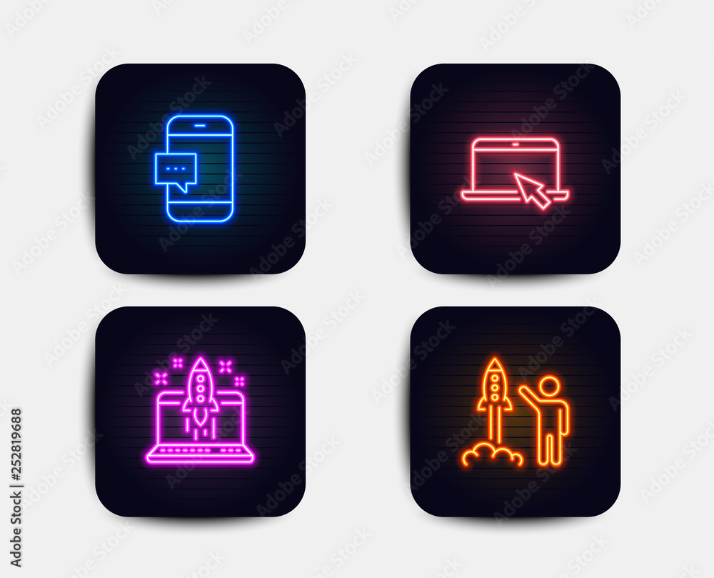Poster neon glow lights. set of portable computer, start business and smartphone message icons. launch proj