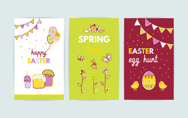 Easter greeting cards set with Easter cakes, flags, candles, flowers, chickens, butterfly, dragonfly, bee and balloons. Vector hand drawn illustration 