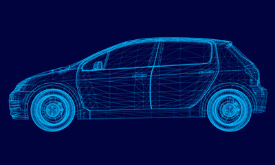 Polygonal machine of blue lines on a dark background. Car wireframe. Side view. 3D. Vector illustration