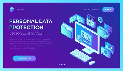 Data protection. Desktop pc with authorization form on screen, personal data protection. System of authentication, data access, login form on laptop screen. 3d isometric design. Vector illustration.