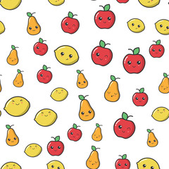 kawaii apple, pear and lemon with cute black eyes seamless pattern. kawaii fruit with emotional faces seamless pattern