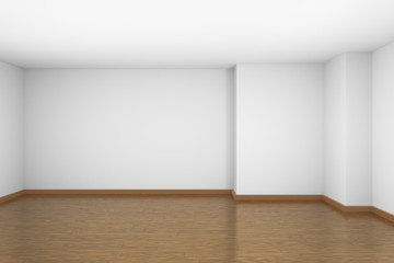 Empty white room with brown wood parquet floor