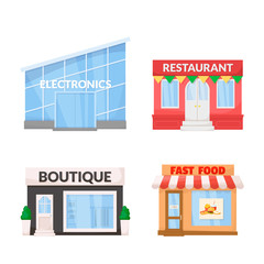 Market, storefront. Boutique, restaurant, fast food, electronic store building facade. Vector.