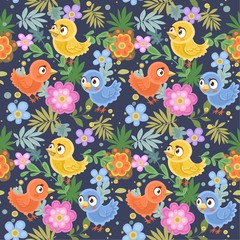 Obraz premium Seamless decorative ornament of birds and flowers on a dark blue background