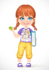 Cute little girl with two pigtails holding an apple and a big book isolated on white background