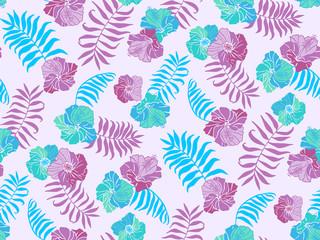 Beautiful seamless vector floral pattern, spring summer background with tropical flowers, palm leaves, jungle leaf, hibiscus. Surface pattern design.
