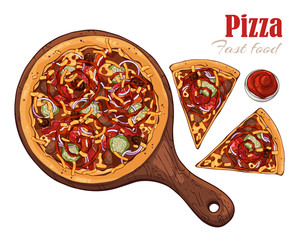Vector illustrations on the fast food theme: pizza on a board. Isolated objects for your design. Each object can be changed and moved.