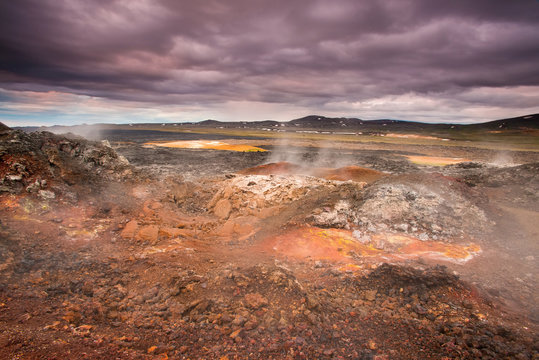 The Krafla is volcanic area in Iceland. Amazing lava field and dramatic sky with dark clouds. © Petr Šimon