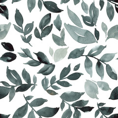 Watercolor seamless floral pattern with indigo leaves