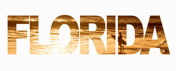 Word Florida with a surfer and the ocean at sunset on white background