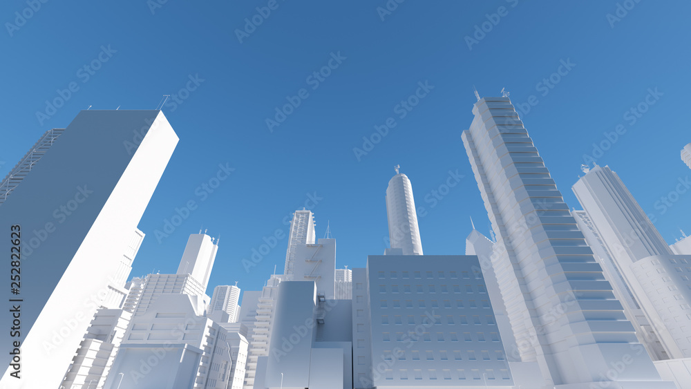Aufkleber 3d render of abstract bright city with skyscrapers. simple forms of buildings in daylight.