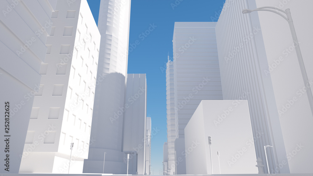 Poster 3d render of abstract bright city with skyscrapers. simple forms of buildings in daylight.