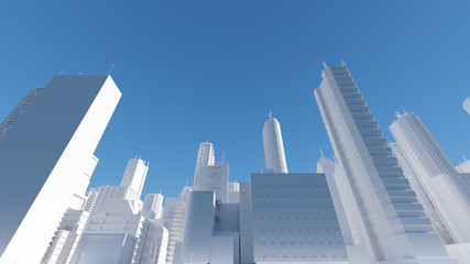 3d render of abstract bright city with skyscrapers. Simple forms of buildings in daylight.