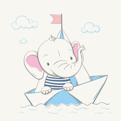 Lovely cute baby elephant swims in the paper boat. Summer series of children's card