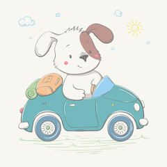 Lovely cute little dog boy is driving the car. Young camper. Summer series of children's card