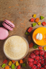 Gelatin and candied fruit. Top view.