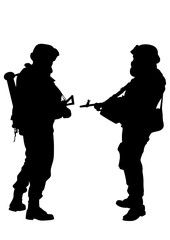 Soldier in uniform with weapon on white background