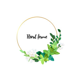 Round metallic gold frame with white flowers, eucalyptus leaves and succulent plants. Modern minimalistic vector design.