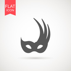 Carnival mask icon black silhouette isolated on white background. Mask with feathers pictogram. Vector illustration flat design