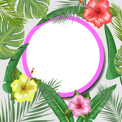 Tropical backdrop with frame or border made of tropical exotic foliage and leaves and place for text. Flat watercolor vector illustration.