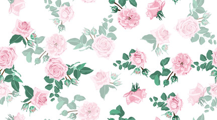 Seamless Floral Rose Pattern with Leaves.