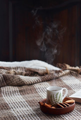 Fototapeta na wymiar Home comfort concept. Hugge living room interior, cozy still life, a cup of hot tea with steam on a dark wood background with an open book and cinnamon cookies on a clay cup, light from the window