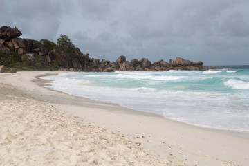 Panorama of coastline at La Dique island, Seychelles