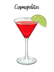 Cosmopolitan cocktail, with lime. For cafe and restaurant menu, packaging and advertisement. Hand drawn. Isolated image. Vector illustration.
