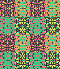 Obraz premium Seamless pattern tiled ornament. Floral textile print. Islamic vector design. Oriental background with abstract flowers. Hexagonal patchwork swatch. Stained glass vitrage.