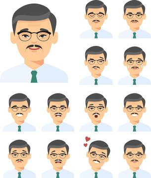Set of isolated different facial emotions young asian man in colorful flat style.