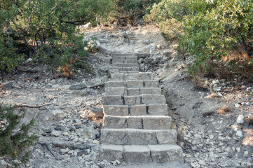 Stone staircase leading from the St. George Monastery on Cape Fiolent, Crimea Peninsula, to the...