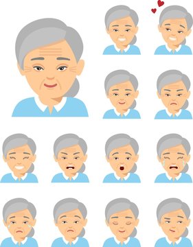 Set of isolated different facial emotions young asian woman in colorful flat style. Collection of various expressions chinese avatar female smile, happy, angry, sad, funny.