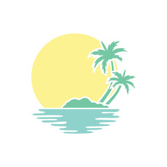Fototapeta na wymiar Beach. Summer holidays design. Vector illustration. Travel logo. Sun with sea waves. Green palm on seaside. Concept for travel agency, tropical resort, beach hotel, spa. Summer vacation symbol.