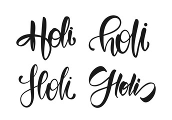 Fototapeta premium Set of four Handwritten brush type lettering of Holi on white background.