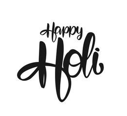 Handwritten brush type lettering of Happy Holi on white background