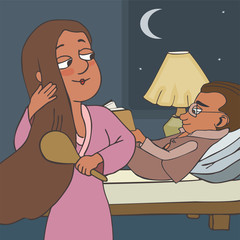 spouses before night sleep vector cartoon